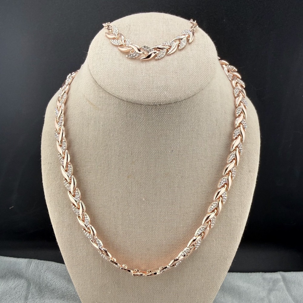 Rhinestone Necklace Bracelet‎ Set Rose Gold Tone Prom Wedding 19" 7"